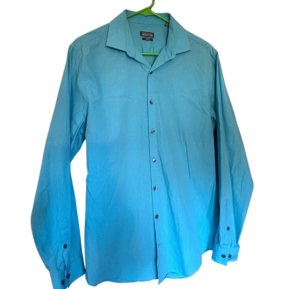 Kenneth Cole Reaction Slim Fit Mens Turquoise Striped Shirt Size 15.5 34-35
